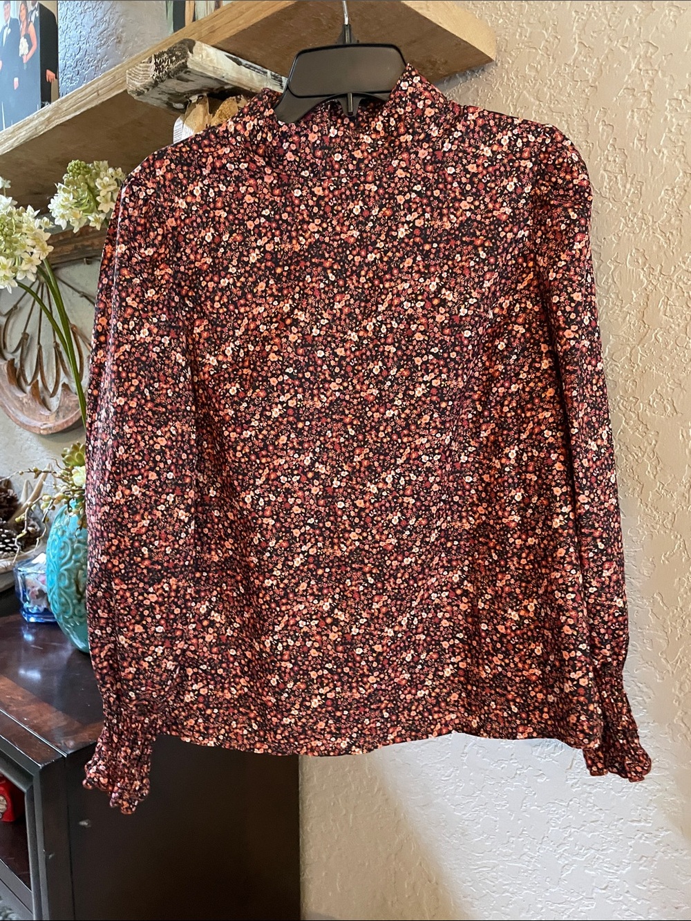 Floral Long-Sleeve Blouse in Burgundy and Pink
